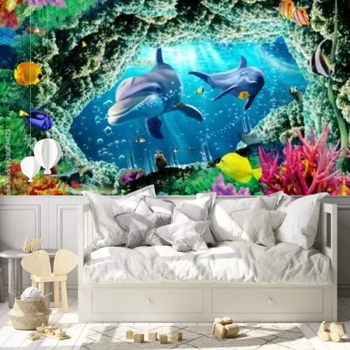 Fototapete Delfine Fische und ozeanisches Korallenriff