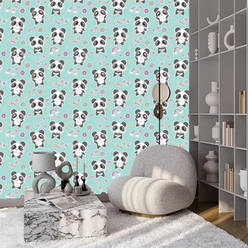 Tapete Süße Pandas und Blumen