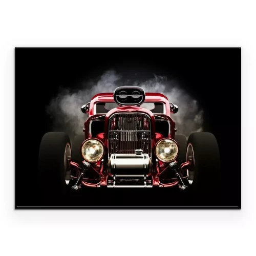 Poster Ein roter Hot Rod im Rauch vor schwarzem Hintergrund