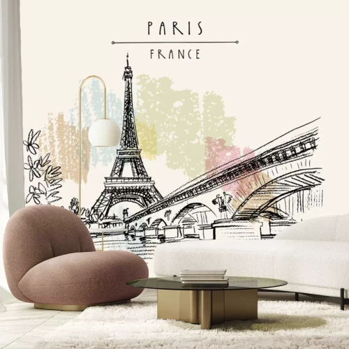 Sticker Eiffel Tower in Paris, France. Vintage hand drawn touristic postcard