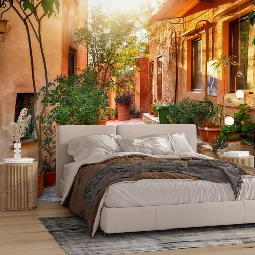 Fototapete Eine Straße mit Blumentöpfen im mediterranen Stil