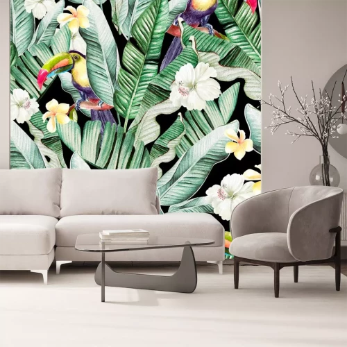 Sticker Tukane inmitten von tropischen Bananenblättern