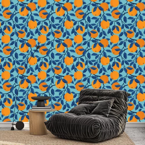 Tapete Orangefarbene Früchte am Baum in Blau