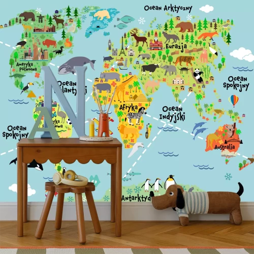 Fototapete Kinderweltkarte mit Tieren