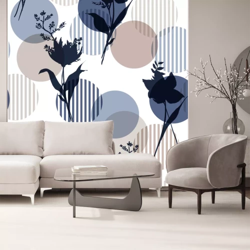 Sticker Monotone in blauen Vektor botanischen Silhouette Blumen nahtloses Muster auf modernen bunten Tupfen mit Streifen, zarte Blumentapeten, wilde Blumen