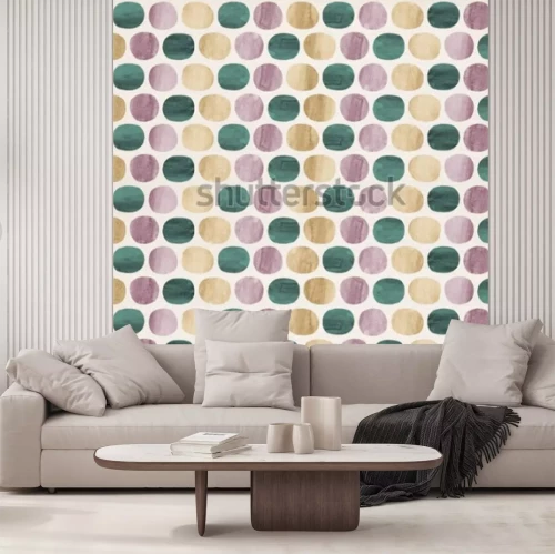 Sticker Abstraktes grafisches Muster von Punkten und von Ovalen im purpurroten, goldenen gelben und grünen Aquarell der Orchidee formt auf Sahnepapier Texturpapierhintergrund.