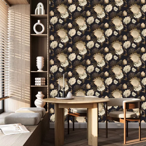 Tapete Blumen und Blätter in Goldimitation