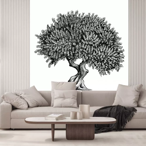 Sticker Schwarz-Weiß-Zeichnung eines dicken Olivenbaums