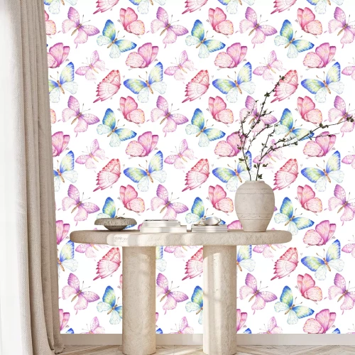 Tapete Zarte rosa und blaue Schmetterlinge
