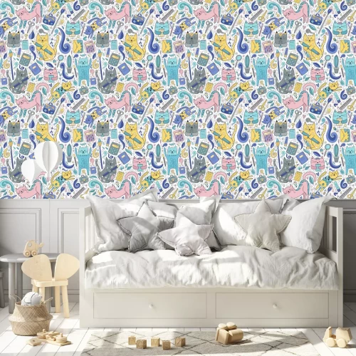 Tapete Lustige Kätzchen mit Schulsachen