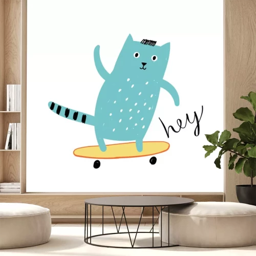 Sticker Сat on a skateboard. Concept for children print.