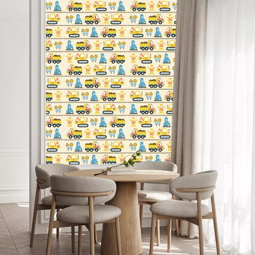 Tapete nahtloses Muster der Vektorkarikatur mit Baufahrzeugen, Bauzeichen, Arbeiteruniform, Gebäuden