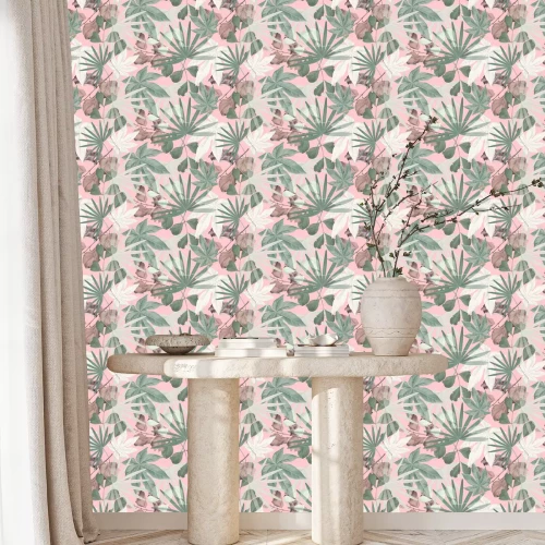 Tapete Pastellfarbene tropische Blätter auf rosa Hintergrund