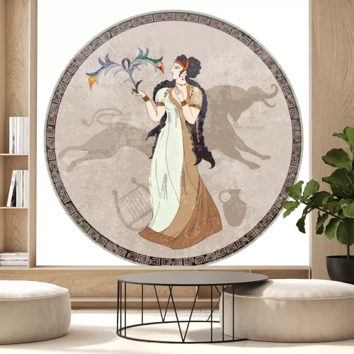 Sticker Minoan civilization. Ancient Greece frescos. Goddess and bull. Crete history. Heraklion. Knossos murals mythology