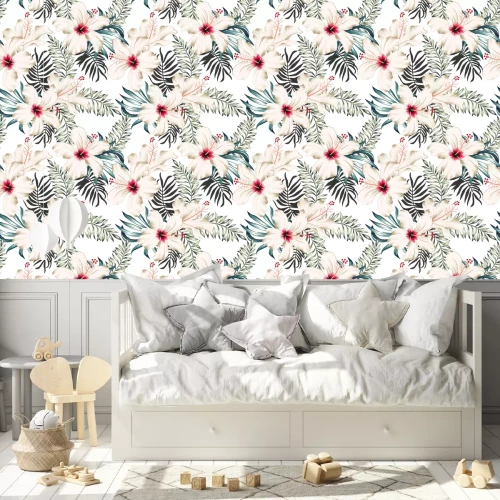 Tapete Tropische Hibiskusblüten und Palmblätter