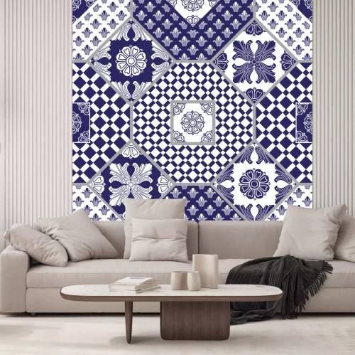 Sticker Vector nahtlosen Patchworkhintergrund von den dunkelblauen und weißen Verzierungen, von den geometrischen Mustern, von den stilisierten Blumen und von den Blättern