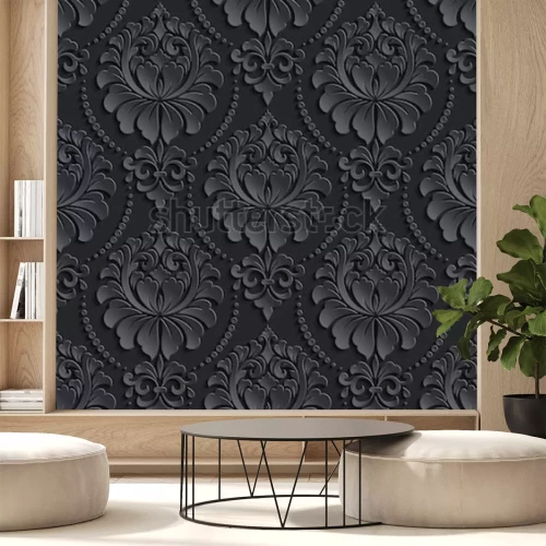 Sticker Nahtloser Musterhintergrund des dunklen Damastes des Vektors. Elegante Luxusbeschaffenheit für Tapeten, Hintergründe und Seitenfülle. 3D-Elemente mit Schatten und Lichtern. Papierschnitt.