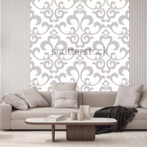 Sticker Tapete im Barockstil. Ein nahtloser Vektor Hintergrund. Graue und weiße Textur. Blumenverzierung. Grafik Vektormuster.