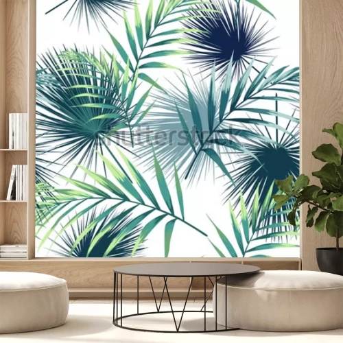 Sticker Nahtloses Muster mit tropischen Blättern. Dunkel- und hellgrüne Palmblätter auf dem weißen Hintergrund. Vektor nahtlose Muster. Tropische Abbildung. Dschungel Laub.