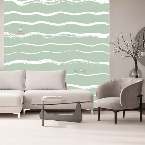 Sticker Wellen nahtlose Hintergrundbürste mit Boot in der Ferne