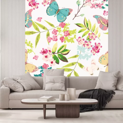 Sticker Schmetterlinge und Blumen auf einer romantischen Illustration