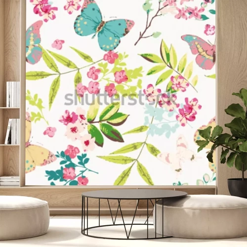 Sticker Schmetterlinge und Blumen auf einer romantischen Illustration