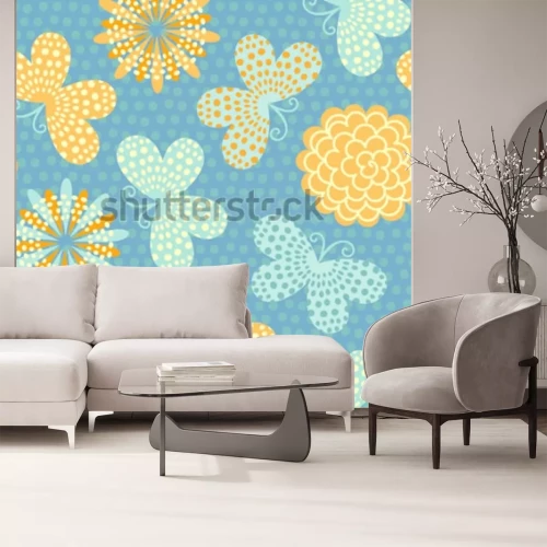 Sticker Schmetterlinge und Blumen auf blauem Hintergrund