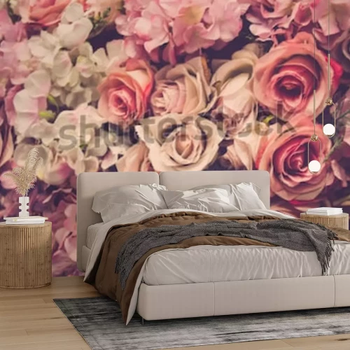 Fototapete Bunte Rosen und Hortensien