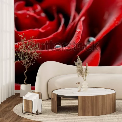 Fototapete Rote Rosenblütenblätter und Tropfen