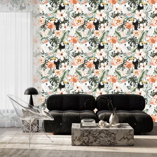 Tapete Tukane, Papageien, Hibiskus, Orchideenblüten, Monstera-Palmblätter, weißer Hintergrund. Vektor Blumen nahtloses Muster. Tropische IllustrationExotische Pflanzen, Vögel. Sommerstrand Design. Paradies N