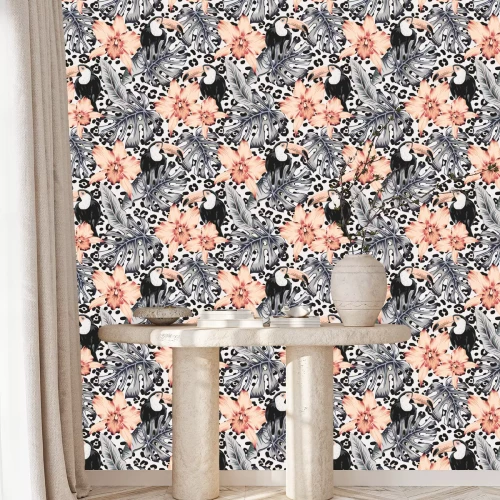 Tapete Tukane, Orchideenblumen, Monstera, Bananenpalmenblätter, Tierdruckhintergrund. Vektor Blumen nahtloses Muster. Tropische Illustration. Exotische Pflanzen, Vögel. Sommerstrand Design. Paradies Natur