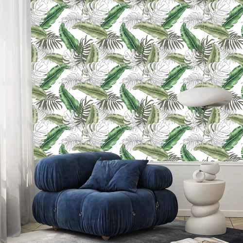 Tapete Schwarz-weiße und grüne tropische Blätter