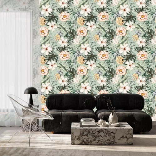 Tapete Tropisches Blumenmuster mit Monstera- und Bananenblättern