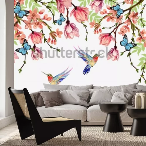 Sticker Blumen mit Schmetterlingen und Kolibris