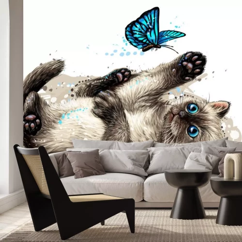 Sticker Ein Kätzchen und ein blauer Schmetterling