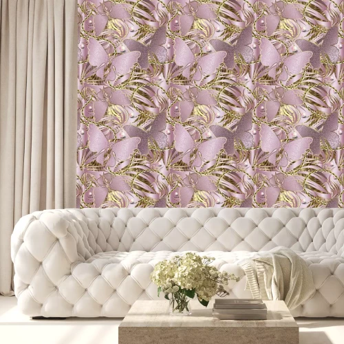 Tapete 3d glittery butterflies seamless pattern. Abstract textured rose gold background. Repeat striped backdrop. Floral jewelry shiny ornament. Stripes, pearls, beads,  flowers, butterflies. Ornate design