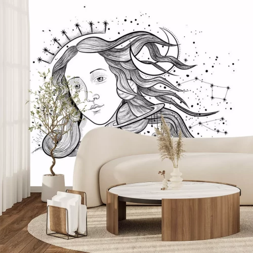 Sticker Vector illustration set of moon phases. Different stages of moonlight activity in vintage engraving style. Zodiac Signs