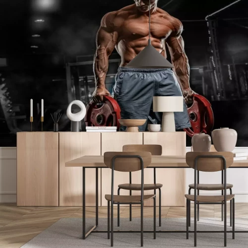 Fototapete Muskelbepackter Mann mit Gewichten