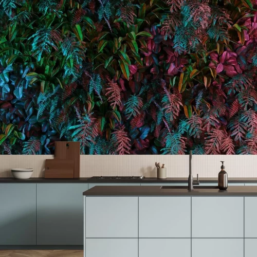 Fototapete Neon tropical jungle forest leaves in vibrant color for retro poster background like stranger things. 80s 70s 60s. 3d rendering