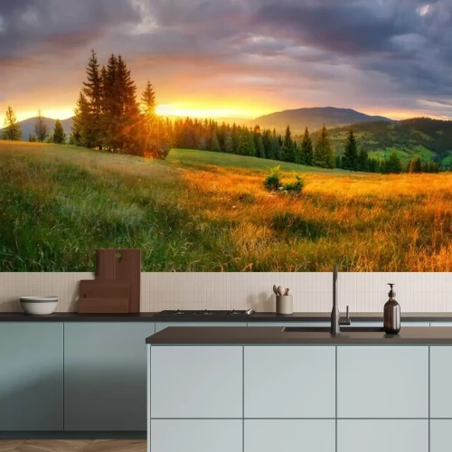 Fototapete Wiese und Sonnenaufgang