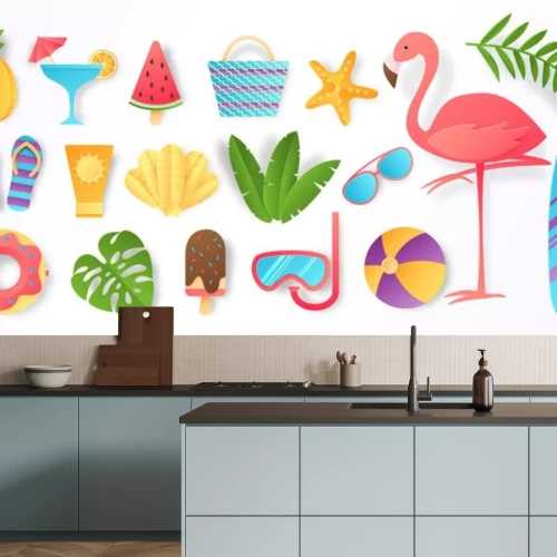 Sticker Paper cut summer elements. Trendy tropical leaves pink flamingo and beach stickers. Vector sun ice cream ball vacation travel icons flat illustration