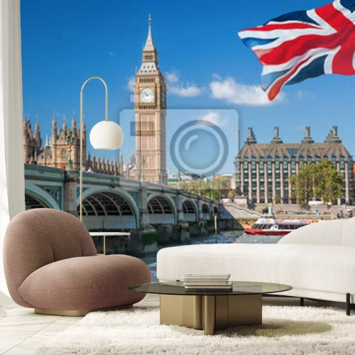 Fototapete Blick auf Big Ben und die Houses of Parliament mit einem Boot auf der Themse