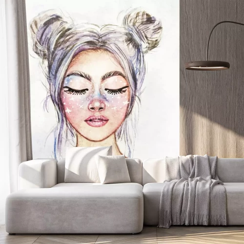 Sticker Drawing of a fantastic girl with a beautiful make-up. Snow Queen. Watercolor illustration.