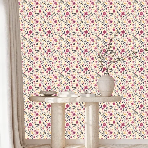 Tapete Wiese mit Blumen in rosa und gelber Farbe