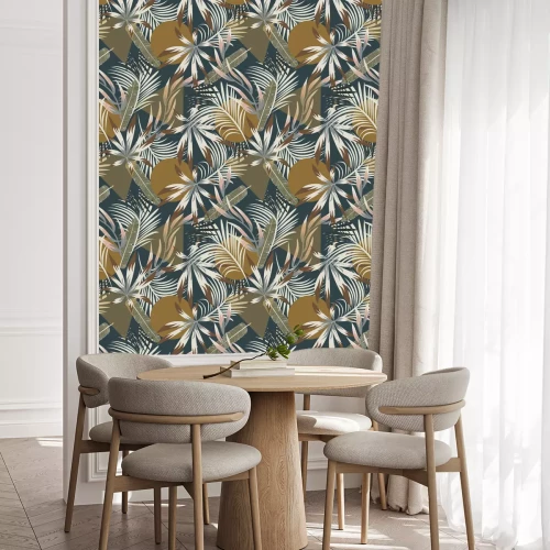 Tapete Tropische Blätter auf geometrischem Hintergrund