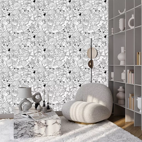 Tapete Fantasy forest animals black and white seamless pattern. Great for  coloring page, prints