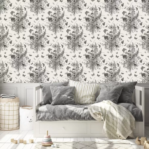 Tapete Graue Schmetterlinge und Büschel alter Wildblumen