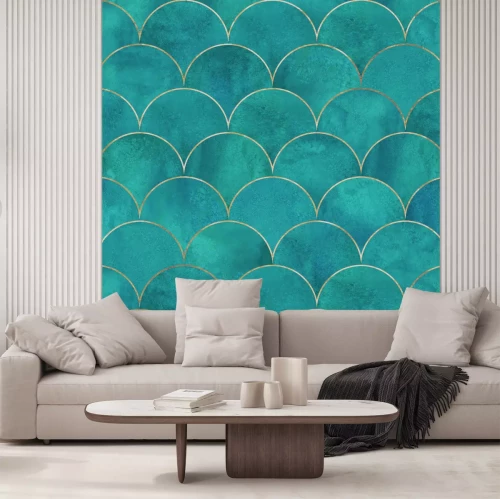 Fototapete Türkisfarbene Schuppen mit goldenen Linien