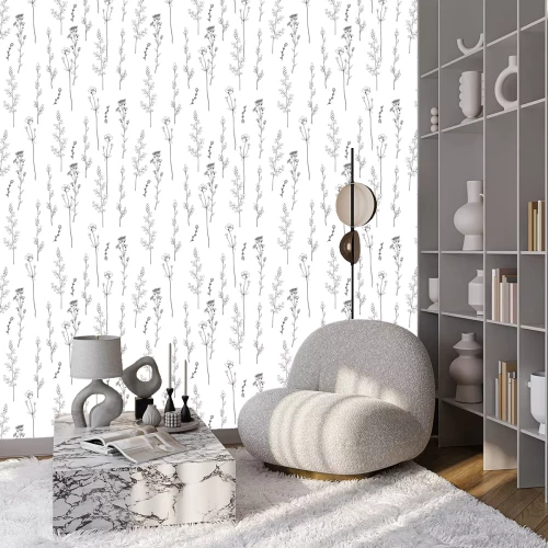 Tapete Nahtloses dekoratives mit Blumenmuster mit Schwarzweiss-Kräutern. Endlose Beschaffenheit für Ihr Design. Weißer Hintergrund.