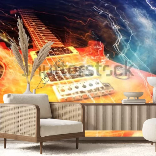 Fototapete E-Gitarre mit den Blitzen umgeben